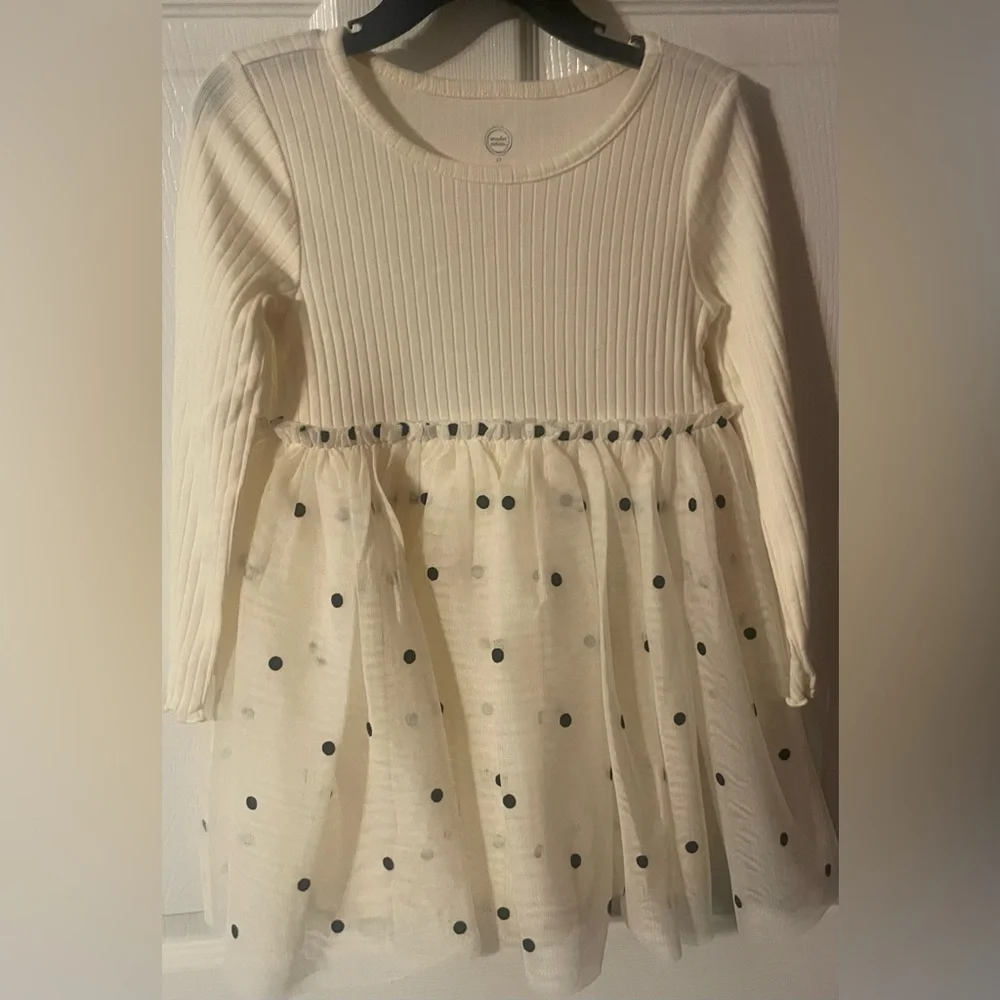 Wonder Nation Toddler Girls Ivory Polka Dot Tutu Dress 3T Long Sleeve‎